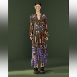 FARM Rio Green Wild Jungle Midi Dress with Purple and Pink Leaf Print NWT
